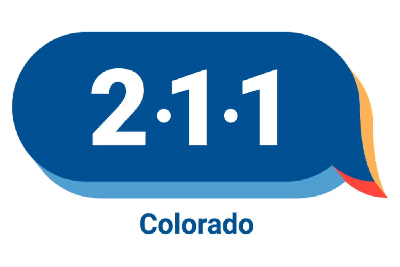 The numbers 2 1 1 inside of a blue, yellow, and orange speech bubble. Below the bubble is the word "Colorado".